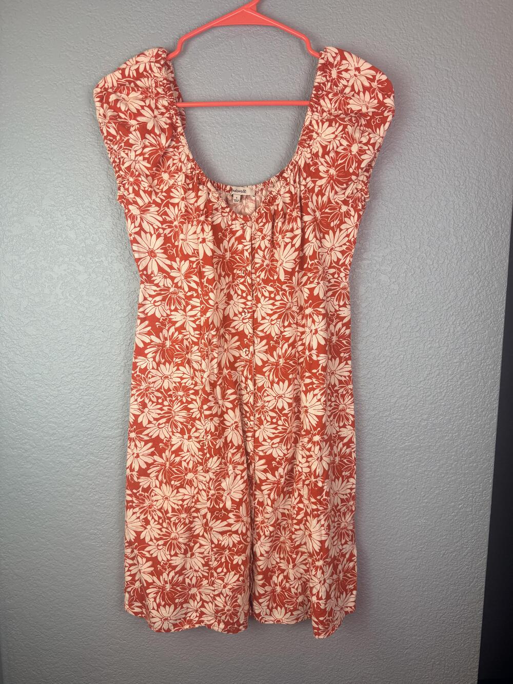 Madewell Dress Womens 4 Orange Floral Linen Blend Button Front Cap Sleeve